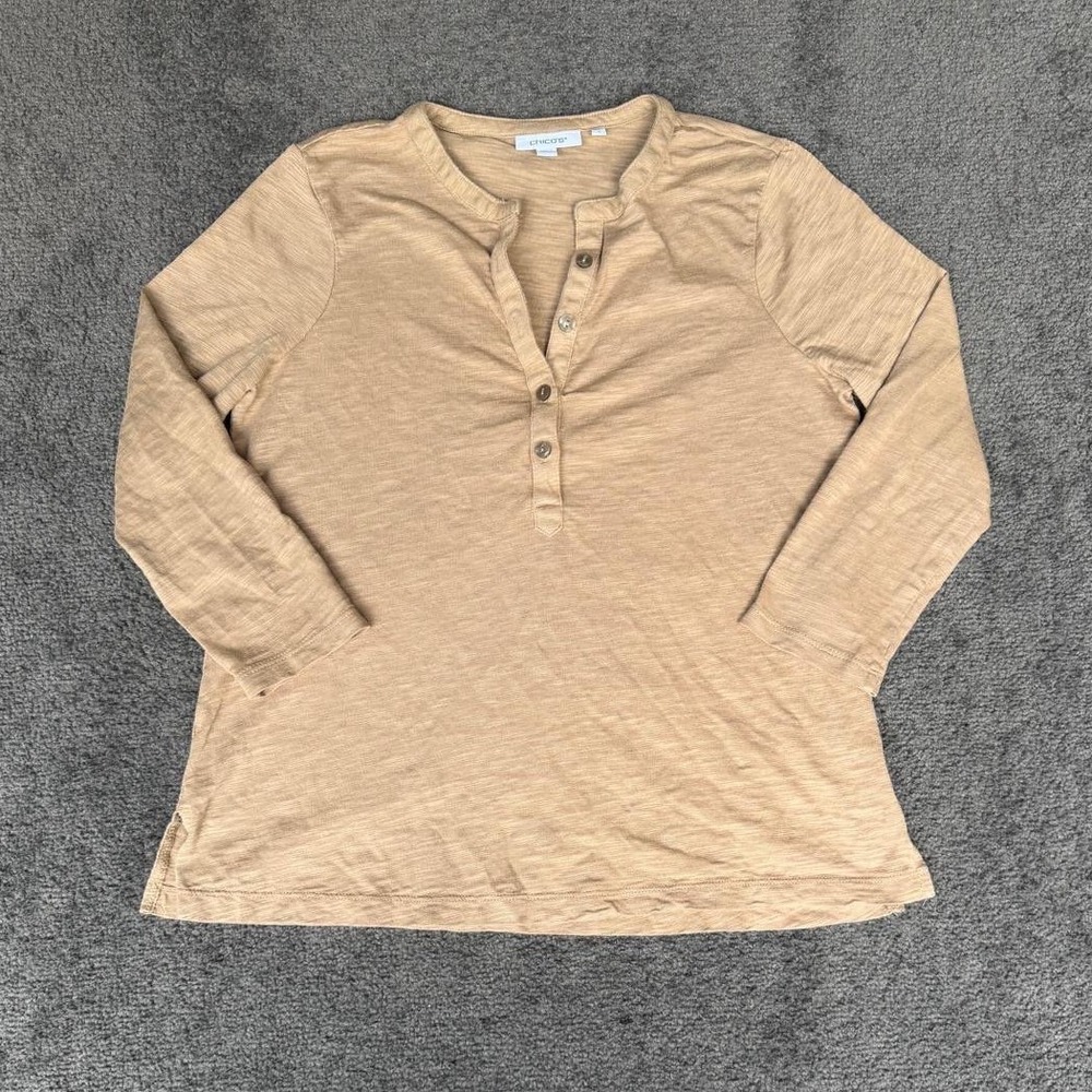 Chicos Tan Beige Slub Knit Henley Top Long Sleeve Cotton Modal Size 0 S